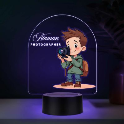Personalized Photographer LED Night Light, Cartoon Boy with Camera Design, Color Changing Acrylic Lamp Gift for Photographer Office & Home Decor Light